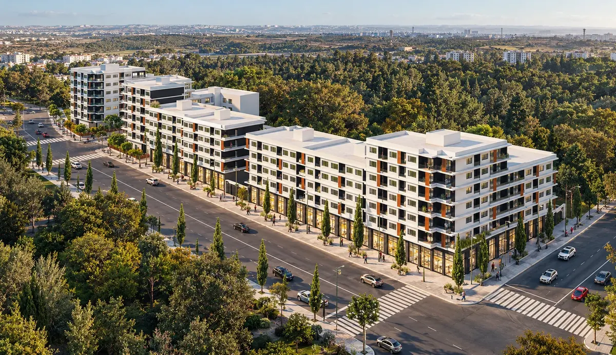 Vue aérienne d'Amina Hills : les bâtiments le long d'une avenue bordée de cyprès, entourés d'espaces boisés